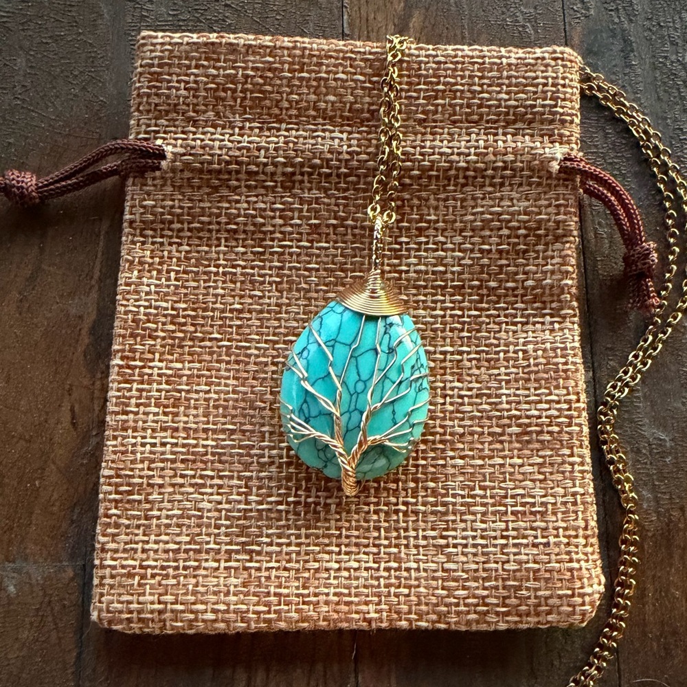 Brand New Wire-Wrapped Imitation Turquoise Drop Necklace Crystal Drop Necklace
